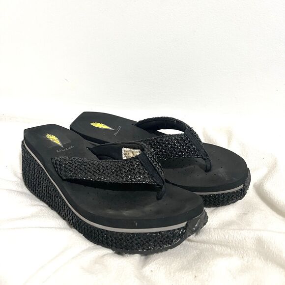 Volatile Island Platform Wedge Sandals Women 11 Black Woven Thong Chunky Cruise - Picture 1 of 8